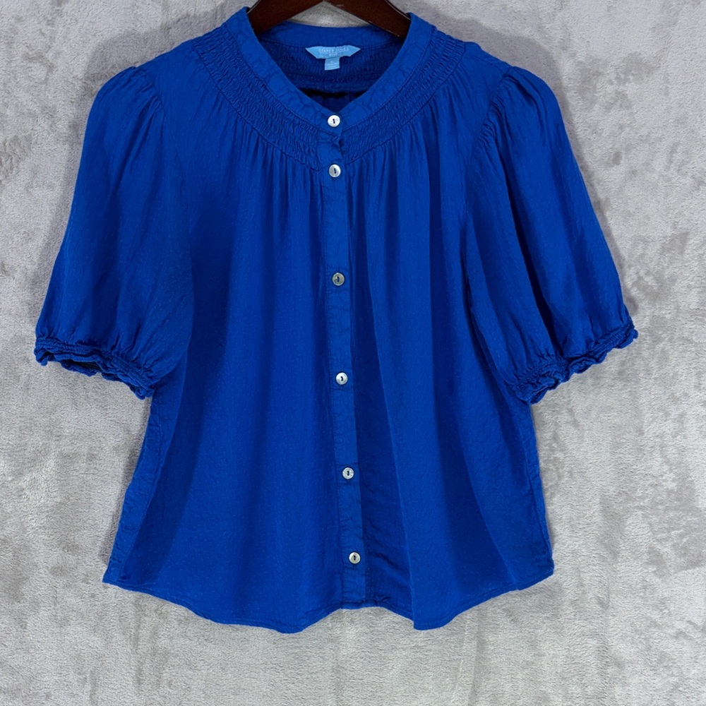 Draper James Cobalt Blue Button-Up Peasant Top w/Puff Sleeves Size L